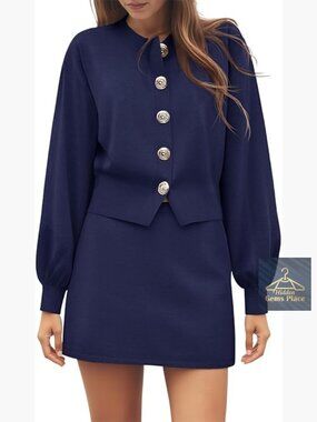Crewneck Button Up Cardigan and Mini Skirt 2 Piece Set